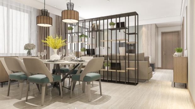 3d rendering loft luxury living room with shelf near dining table